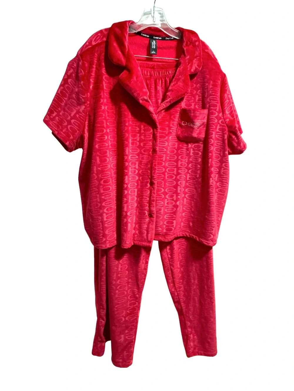 Bebe Sleepwear Bright Red Short Sleeve Velour Pajama Set with Matching Pants